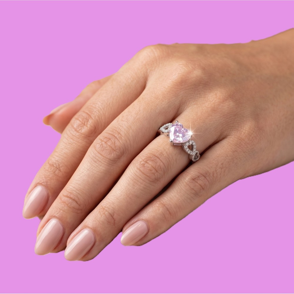 Estate 925 Sterling Silver Pink Heart Ring Genuine Diamond Accents Size 7